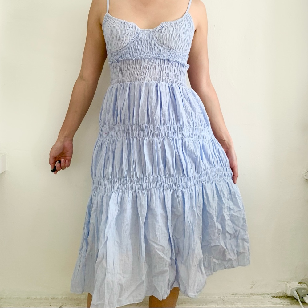 Baby Blue Smocked Bustier Tiered Midi Dress